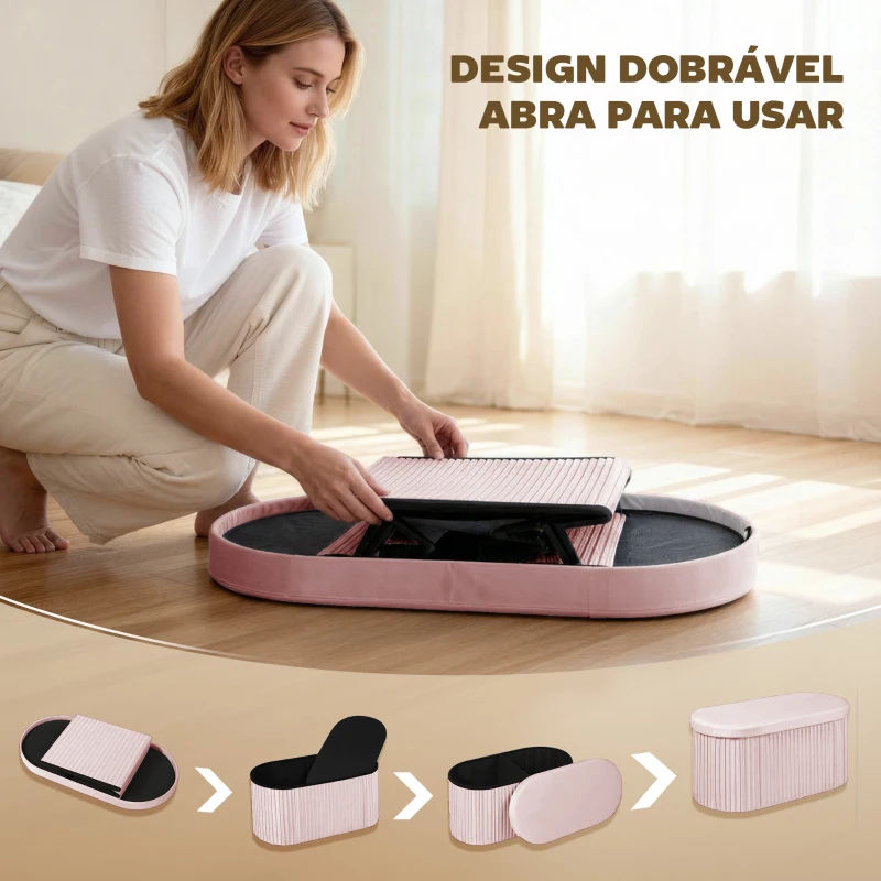 HOMCOM Puff de Arrumação Banco de Arrumação Dobrável 72 L 76x38x35 cm Estofado em Veludo Baú de Armazenamento Rosa