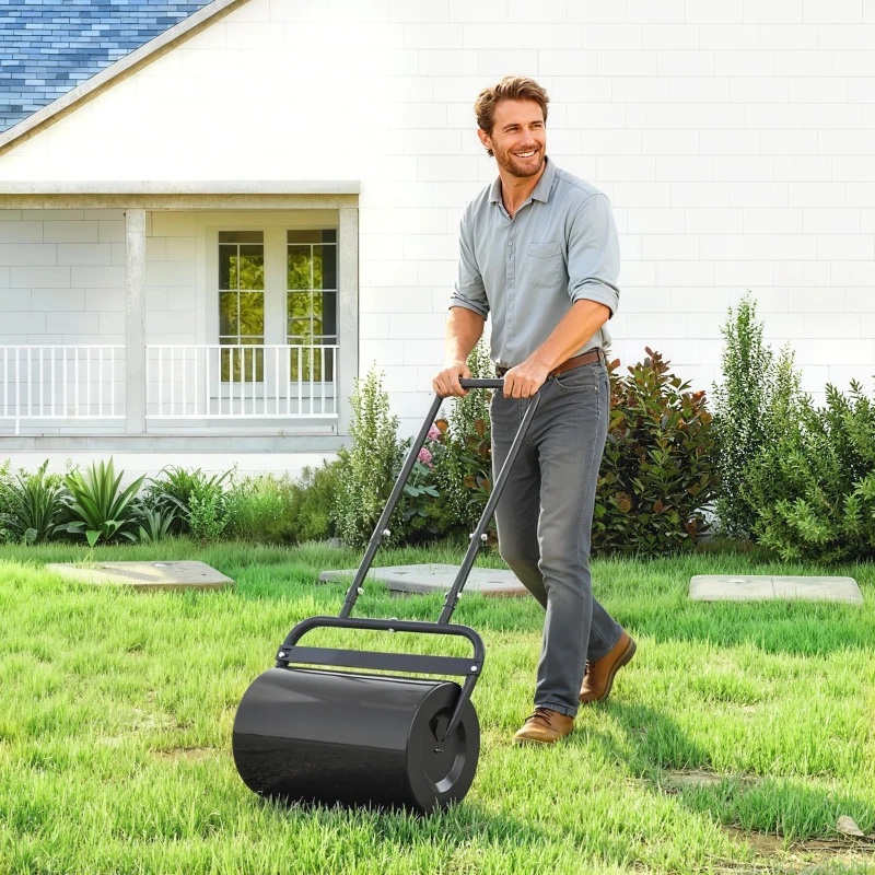 Outsunny Rasenwalze mit U-Griff, Gartenwalze, Gartenrolle, 32 cm Durchmesser, 38 L Wasser-/62 kg Sand, Metall, Schwarz, 58 x 32,5 x 113 cm