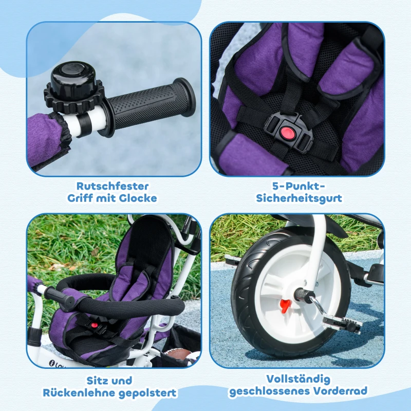 HOMCOM 6-in-1 Kinderdriewieler met Duwstang, Zonnedak, Gordel, Opbergmand, voor 1-5 Jaar, Paars