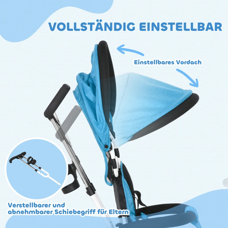 HOMCOM 6-in-1 Kinderdriewieler met Duwstang, Zonnedak, Gordel, Opbergmand, voor 1-5 Jaar, Blauw