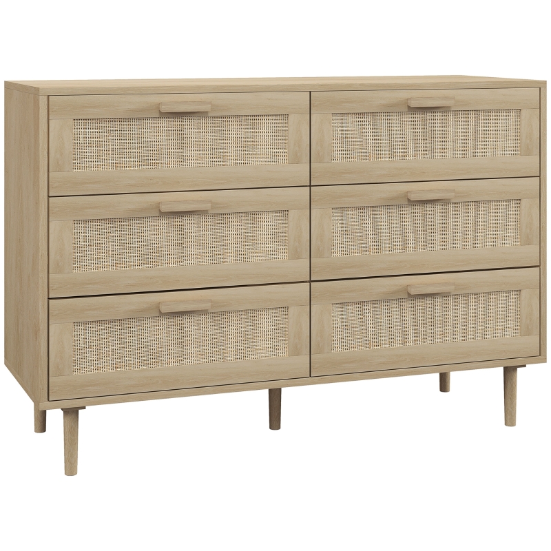 HOMCOM Commode 6 tiroirs meuble de rangement avec tissage en rotin dim. 110L x 40l x 75H cm Aspect Bois Clair