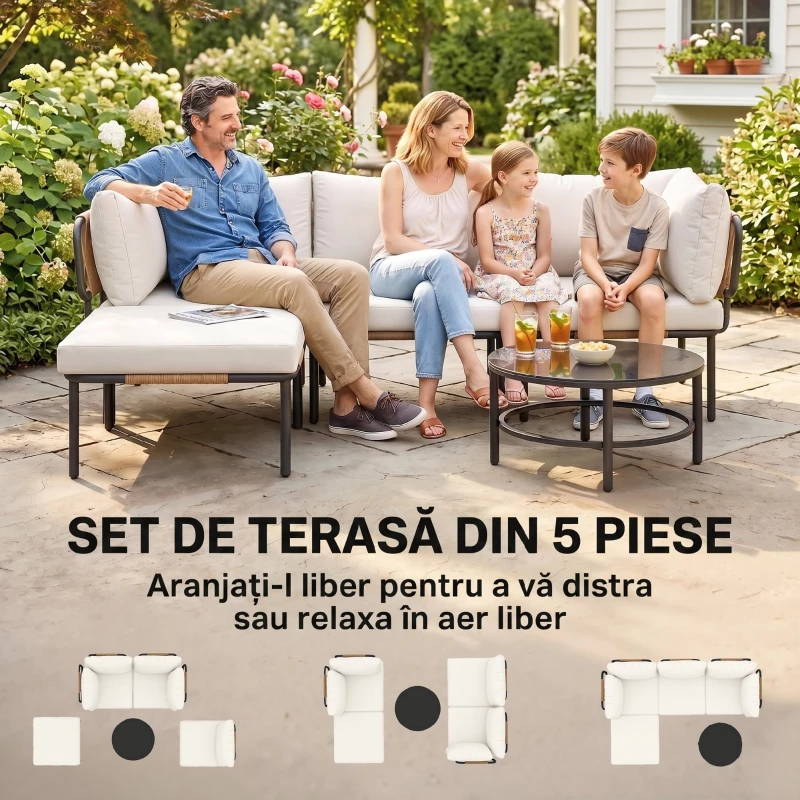 Outsunny Set Grădină, 5 Piese, Rattan Modular în L cu Perne, Culoare Bej