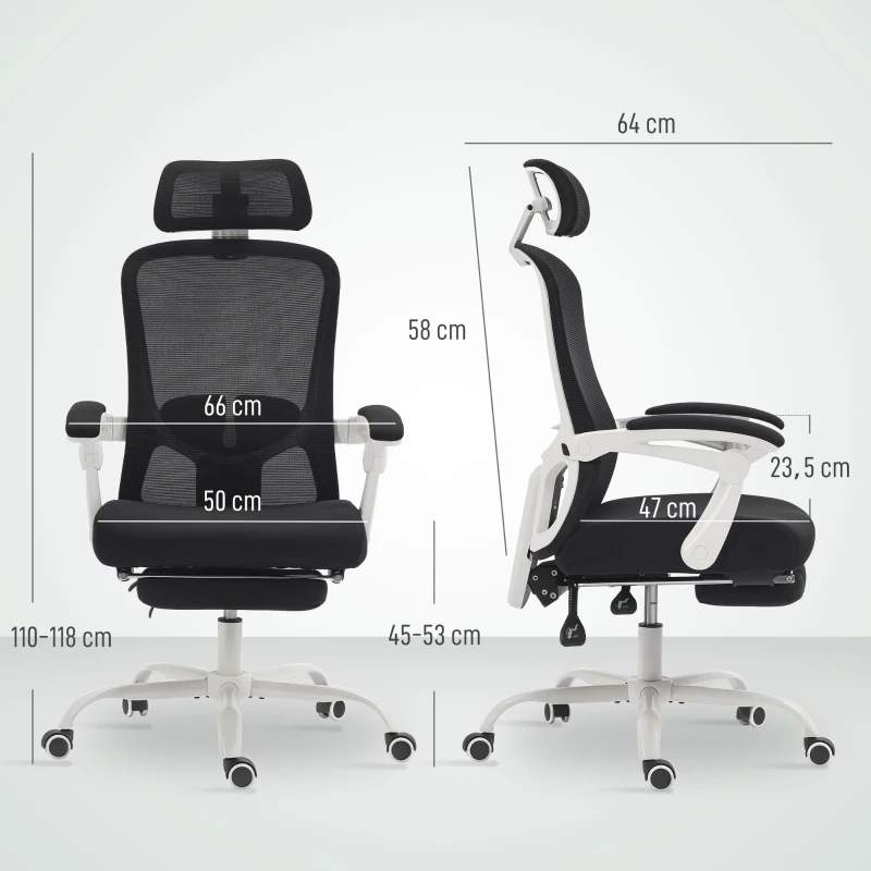 HOMCOM Chaise de Bureau Inclinable 135° avec Repose-Pieds, Support Lombaire, Appuie-tête, Hauteur Réglable, en Maille, Noir
