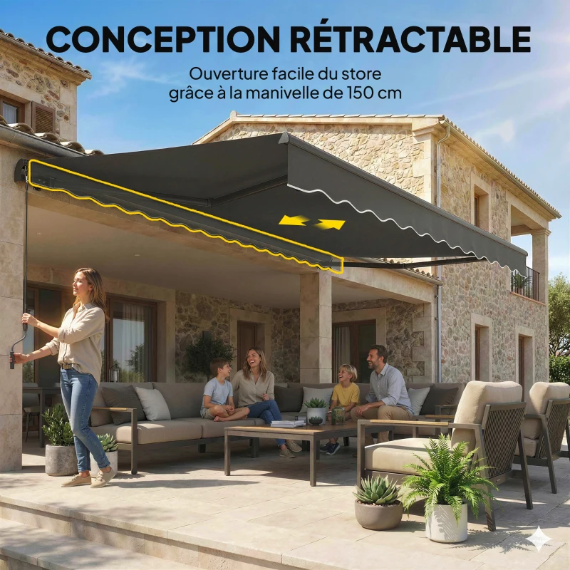 Outsunny Store banne manuel 3,5x3m, auvent rétractable inclinaison réglable, manivelle, protection UV résistance à l'eau, gris