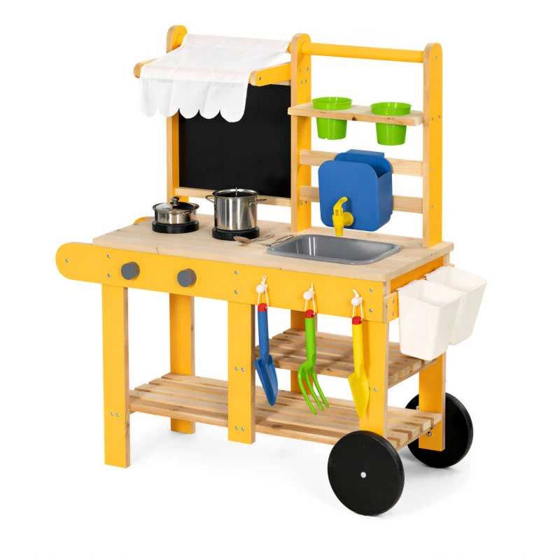 AIYAPLAY Cuisine enfant en bois avec roulettes, cuisine enfant exterieur avec eau courante, évier, plaque de cuisson, jaune