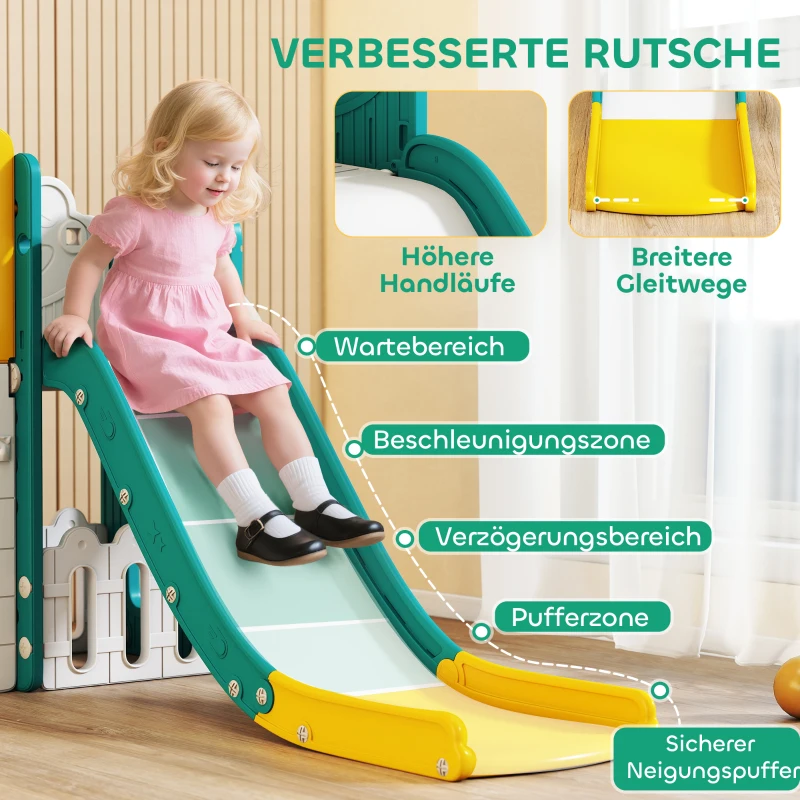 AIYAPLAY 7-in-1 Glijbaan Set voor Peuters, Basketballkorf, Kikker Design, Klimtoestel, Schommelzit, Voor Binnen en Buiten, Geel+Groen