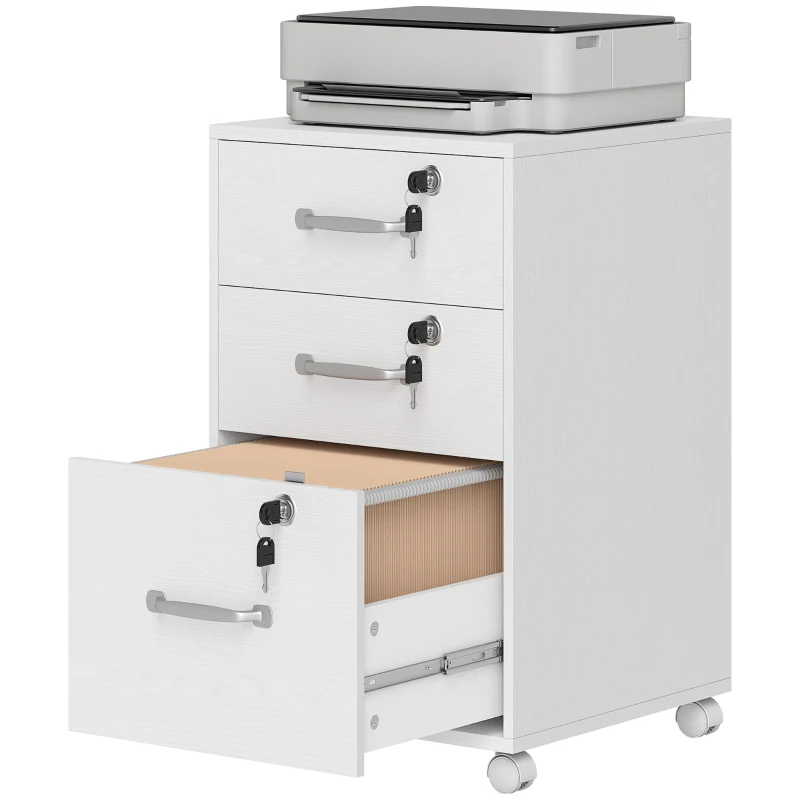 HOMCOM Gaveteiro de Escritório Móvel com 3 Gavetas com Fechadura Gaveteiro com Rodízios 40x40x69,5 cm Branco