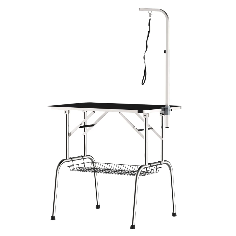 PawHut Aluminium trimtafel dierenverzorging scheertafel met korf in hoogte verstelbaar zwart(m-10)