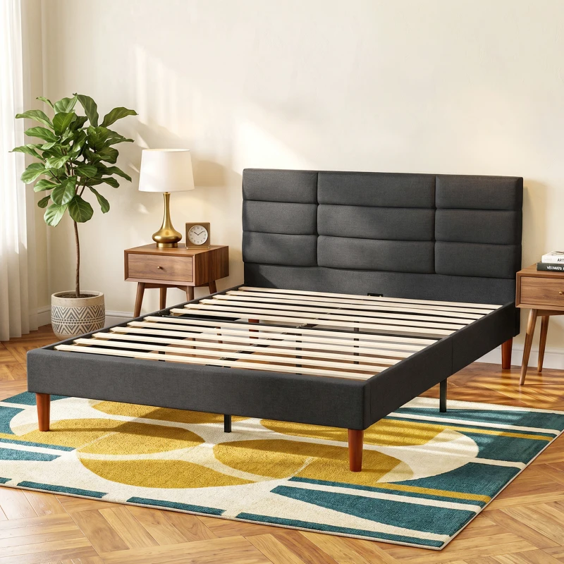 HOMCOM Cadre de Lit 140 x 200 cm avec Sommier Bois, Lit Double Rembourré en Effet Lin, Rangement au-dessous, Sans Bruit, Gris