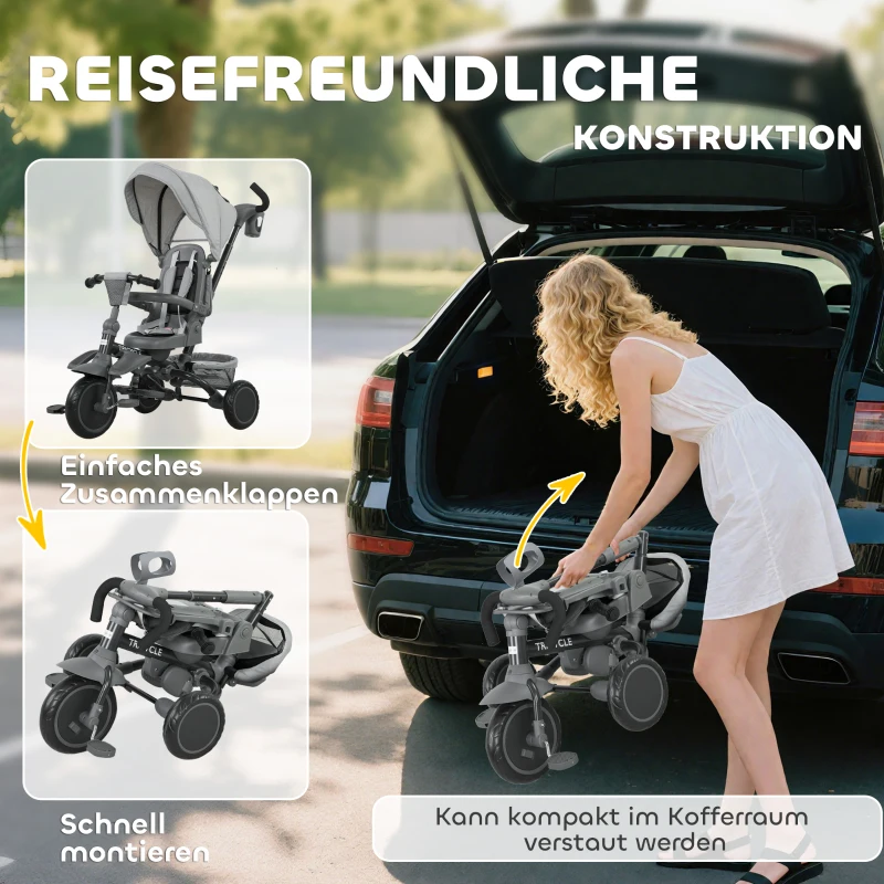 AIYAPLAY Kinderdreirad, 6-in-1 Buggy voor Kleuters, met Duwstang, Verstelbare Zitting, Vouwbaar Ontwerp, Veiligheidsnet, Grijs