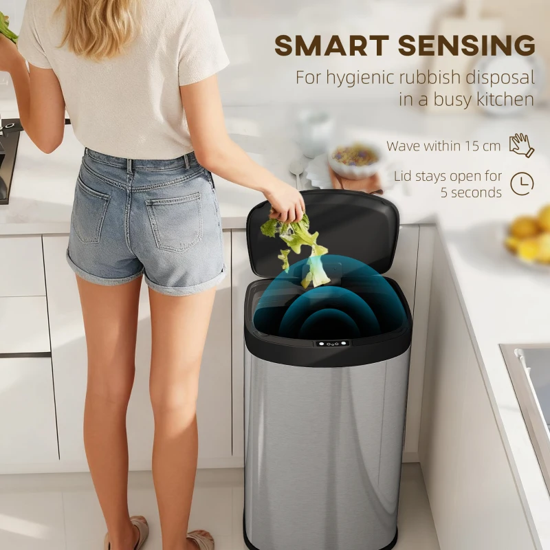 HOMCOM 55L Sensor Bin with Soft-Close Lid, Automatic Touchless Motion Sensor Kitchen Bin with Fingerprint Resistant Stainless Steel for Hygienic Gyms, Home Office Use, Silver Tone