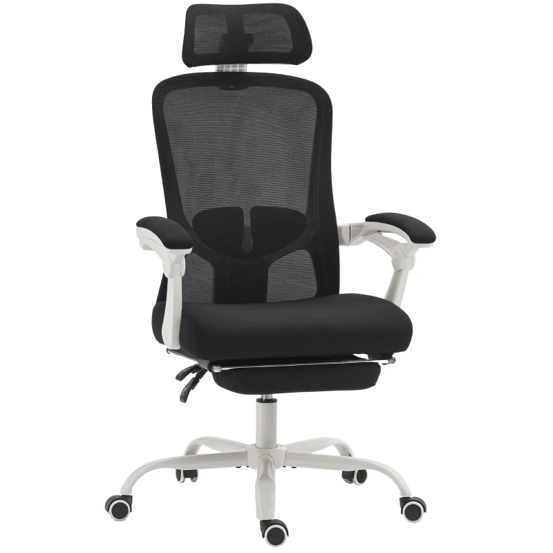 HOMCOM Chaise de Bureau Inclinable 135° avec Repose-Pieds, Support Lombaire, Appuie-tête, Hauteur Réglable, en Maille, Noir