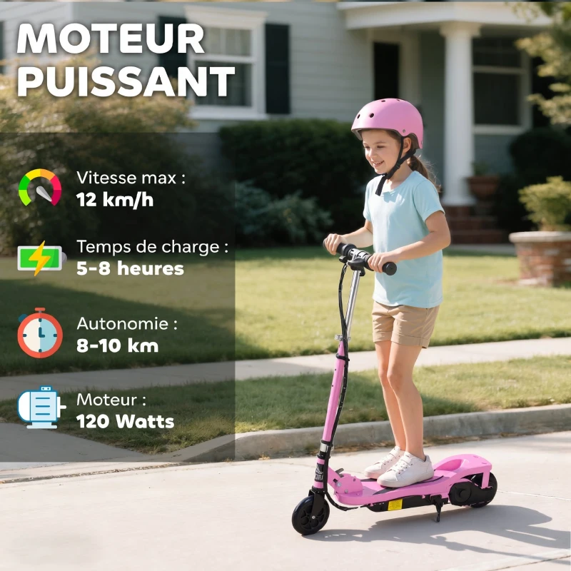 HOMCOM Trottinette électrique pliante pour enfant de 7+ans, 120W Vitesse max 12km/h, 75x36x82-93 cm rose(m-4)