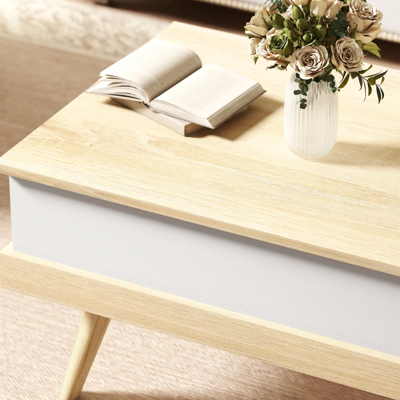 HOMCOM Mesa de Centro Elevable con 3 Compartimientos de Almacenaje Ocultos y Patas de Madera 100x79x54 cm Natural y Blanco