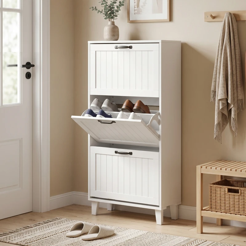HOMCOM Mueble Zapatero 3 Cajones Abatibles Estantes Regulables Estrecho Blanco