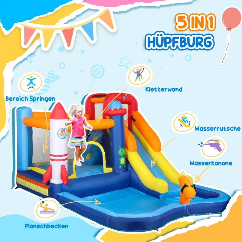 AIYAPLAY 5-in-1 Springkasteel, met Waterglijbaan, Plonsbad, Waterspuit, Snel Opblaasbaar, 360 x 250 x 195 cm, Kleurrijk