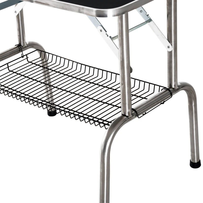 PawHut Aluminium trimtafel dierenverzorging scheertafel met korf in hoogte verstelbaar zwart(m-9)