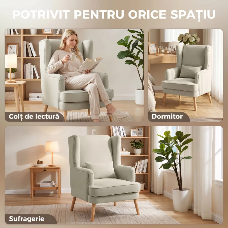 HOMCOM Akzentstuhl, Sessel mit Leinen-Optik, hoher Rückenlehne, breitem Sitz, Lendenkissen, Beige