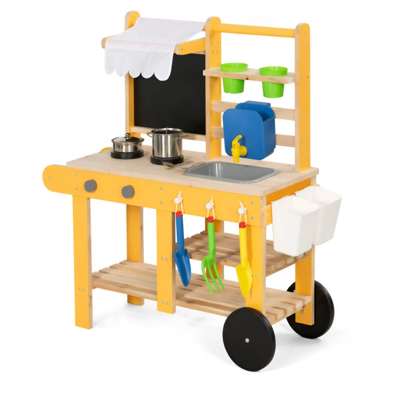 AIYAPLAY Cuisine enfant en bois avec roulettes, cuisine enfant exterieur avec eau courante, évier, plaque de cuisson, jaune