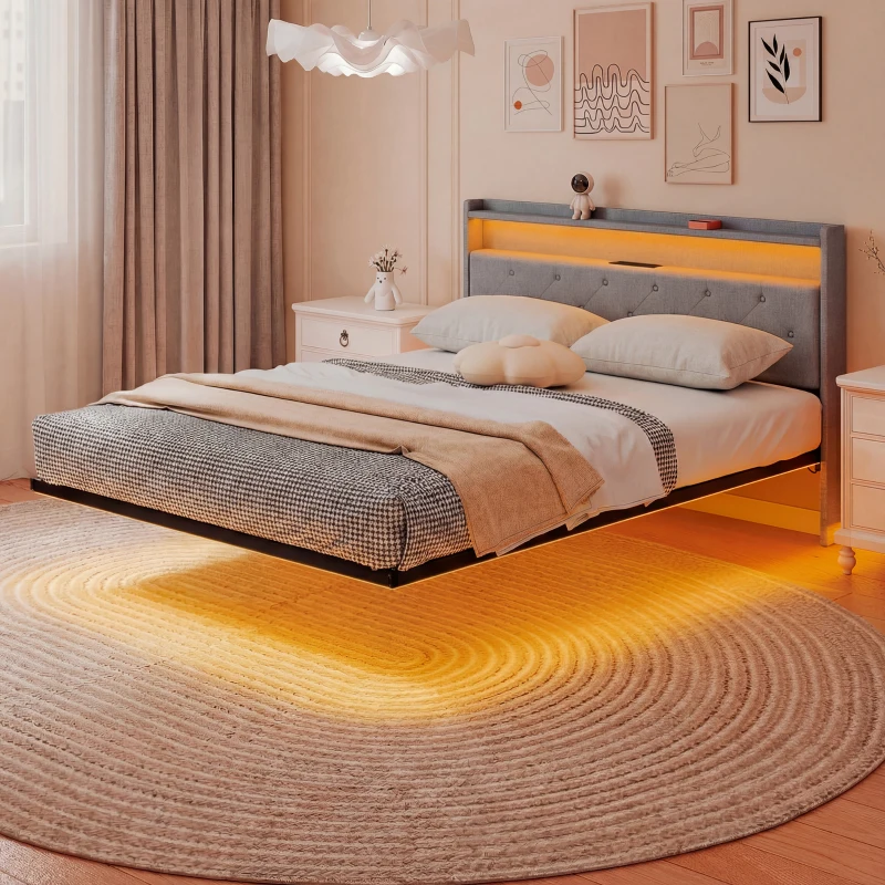 HOMCOM Floating Bed Frame, Upholstered 5ft King Size Bed, Platform Bed with RGB LED Lights and Charging Station, Grey