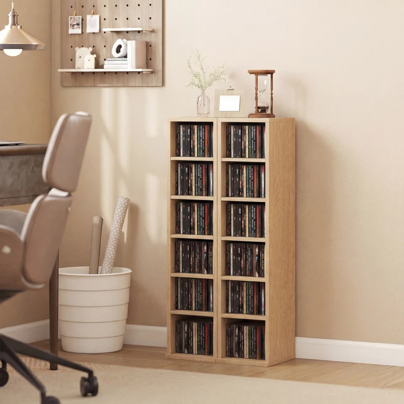 HOMCOM Lot de 2 étagères colonnes armoire de rangement CD-DVD 12 compartiments 21 x 22,5 x 88,5 cm capacité 204 CD bois naturel