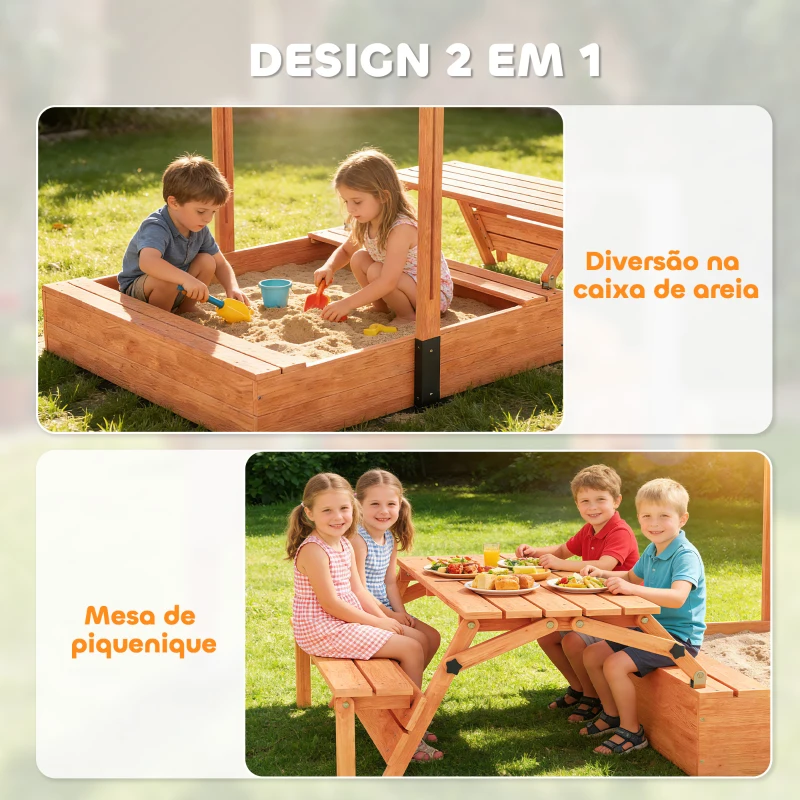 AIYAPLAY Caixa de Areia em Madeira para Crianças com Toldo Ajustável Mesa de Piquenique com Bancos para 6 Crianças dos 3 aos 8 Anos 184x110x120 cm Castanho