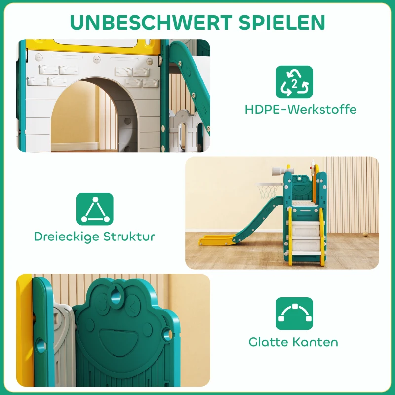 AIYAPLAY 7-in-1 Glijbaan Set voor Peuters, Basketballkorf, Kikker Design, Klimtoestel, Schommelzit, Voor Binnen en Buiten, Geel+Groen
