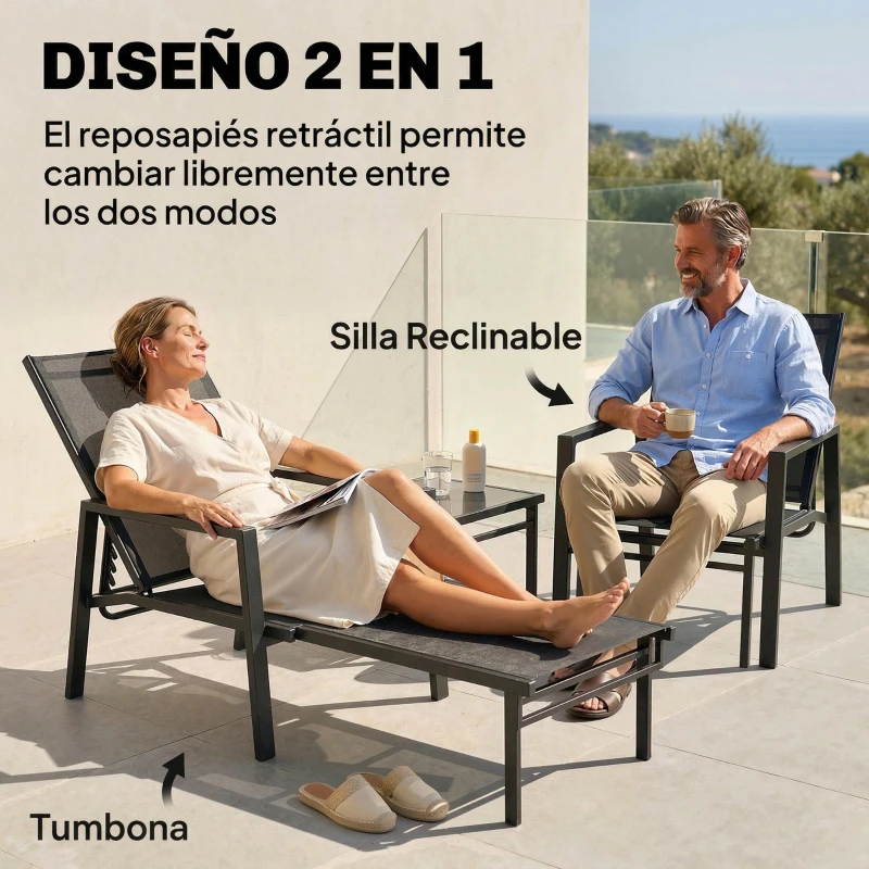 Outsunny Tumbona Plegable con Reposapiés Retráctil Respaldo Ajustable 5 Niveles Tela de Textilene Marco Acero Gris Oscuro