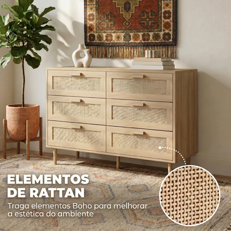 HOMCOM Cómoda para Quarto com 6 Gavetas e Frontal de Vime Pés de Madeira Estilo Bohemio 110x40x75 cm Madeira