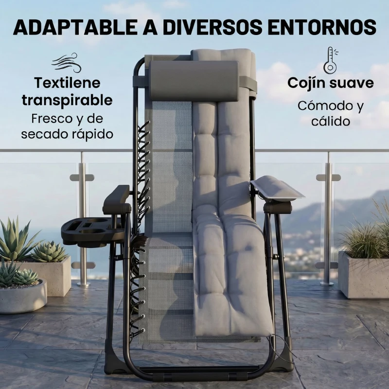 Outsunny Silla de Gravedad Cero Tumbona Plegable y Reclinable Ajustable con Reposabrazos Reposacabezas Portavasos Gris Claro