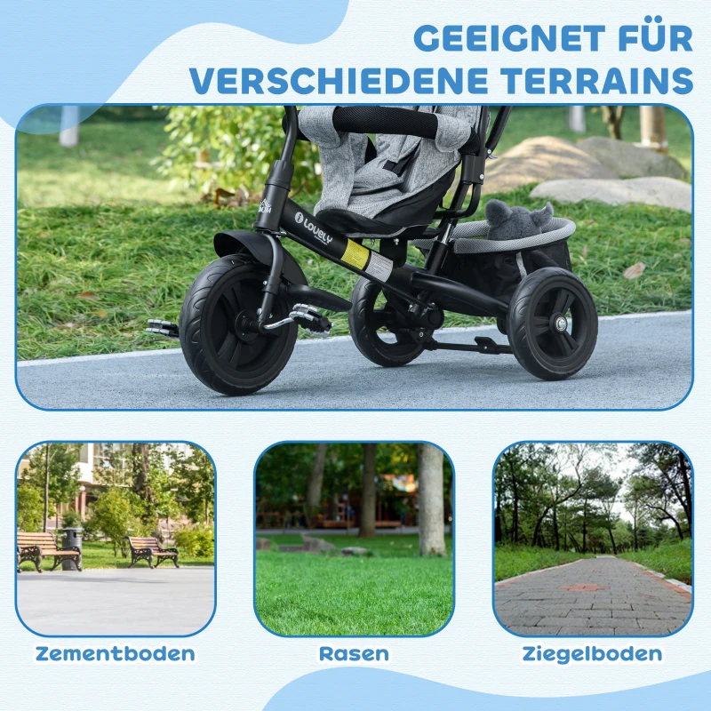 HOMCOM Kinderdriewieler, Fiets, Achtermand, Bekerhouder, Zonnedak, Metaal, Grijs