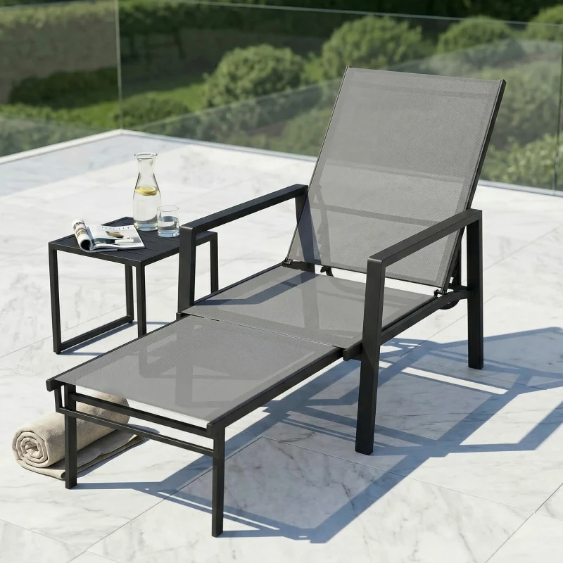 Outsunny Tumbona Plegable con Reposapiés Retráctil Respaldo Ajustable 5 Niveles Tela de Textilene Marco Acero Gris Oscuro