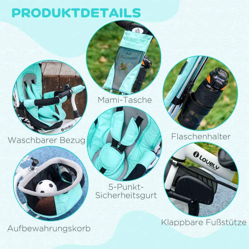 HOMCOM Kinder Driewieler, Loopfiets, Achtermand, Bekerhouder, Zonnedak, Metaal, Groen
