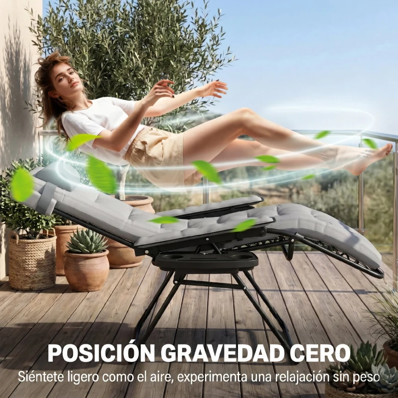 Outsunny Silla de Gravedad Cero Tumbona Plegable y Reclinable Ajustable con Reposabrazos Reposacabezas Portavasos Gris Claro