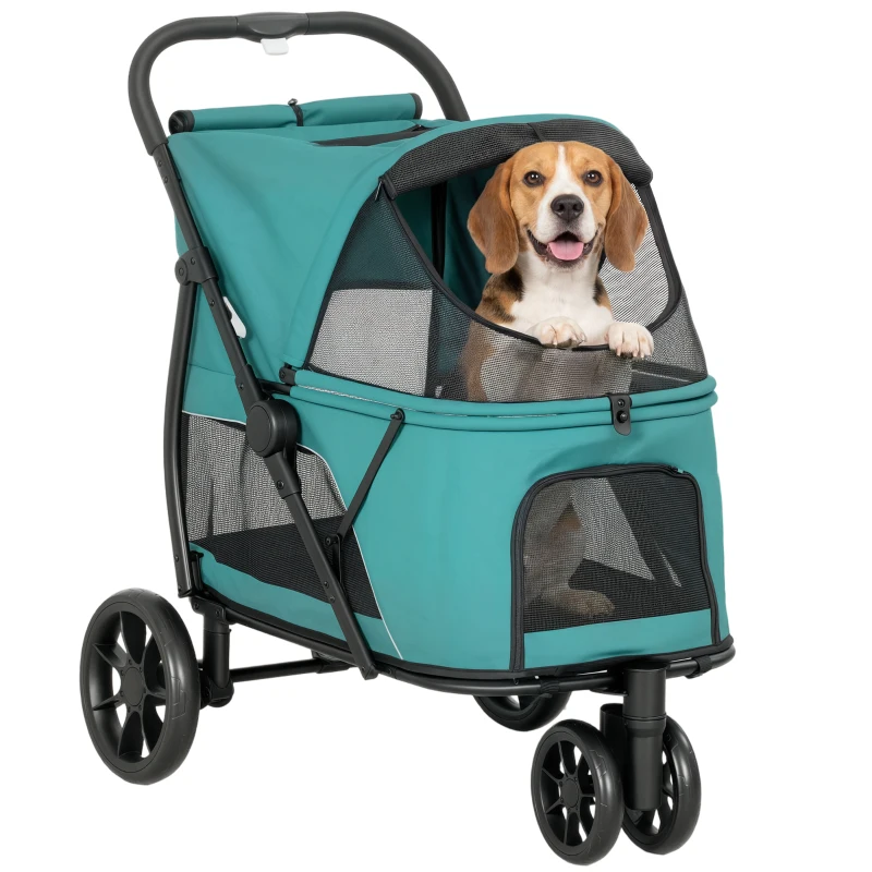 PawHut Dog Stroller, 3 Wheels Pet Stroller with Dual Entry, Easy One-Click Quick Fold, Mesh Windows, Washable Cushion