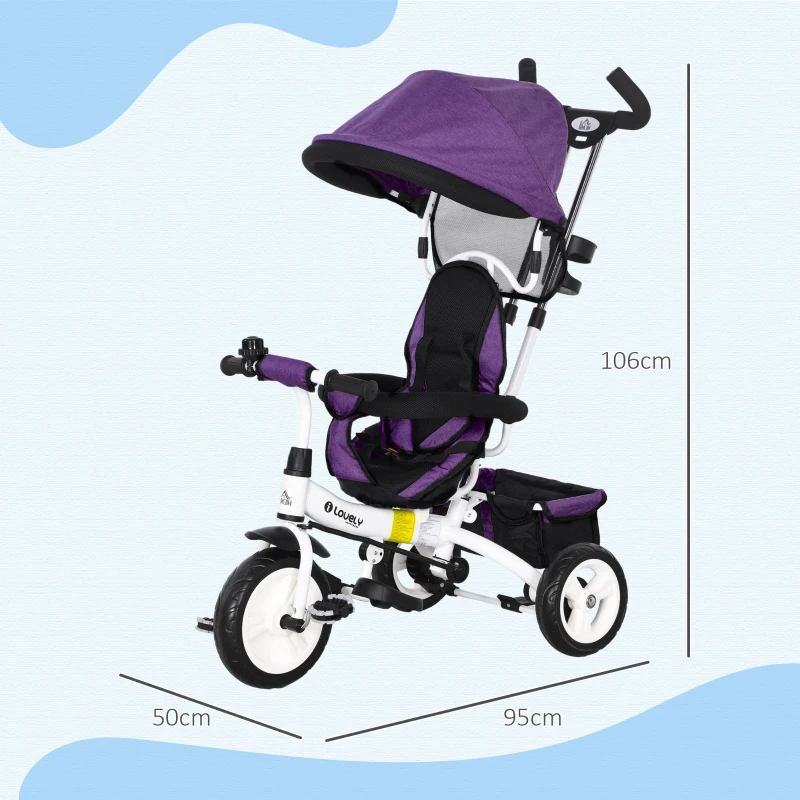 HOMCOM 6-in-1 Kinderdriewieler met Duwstang, Zonnedak, Gordel, Opbergmand, voor 1-5 Jaar, Paars