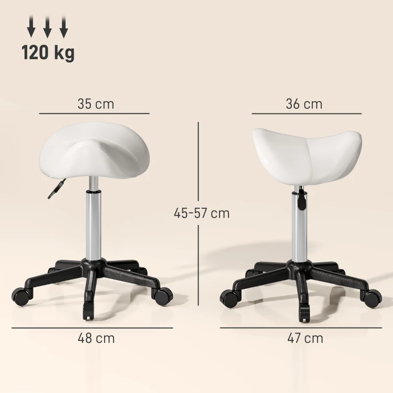 HOMCOM Banqueta com rodízios, cadeira de trabalho com altura ajustável 45-57 cm e sela ergonómica, 48x47x45-57cm, branco