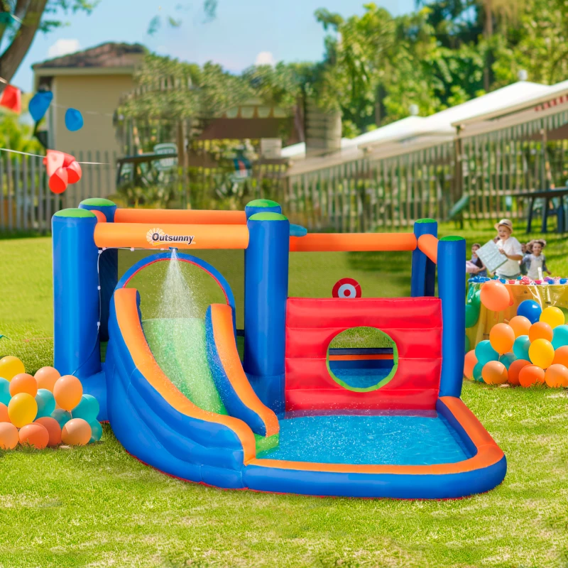 Outsunny springkasteel, met ruches, springkussen, zwembad, opblaasbaar, incl. elektrische pomp, voor maximaal 3 kinderen, 380 x 340 x 170 cm
