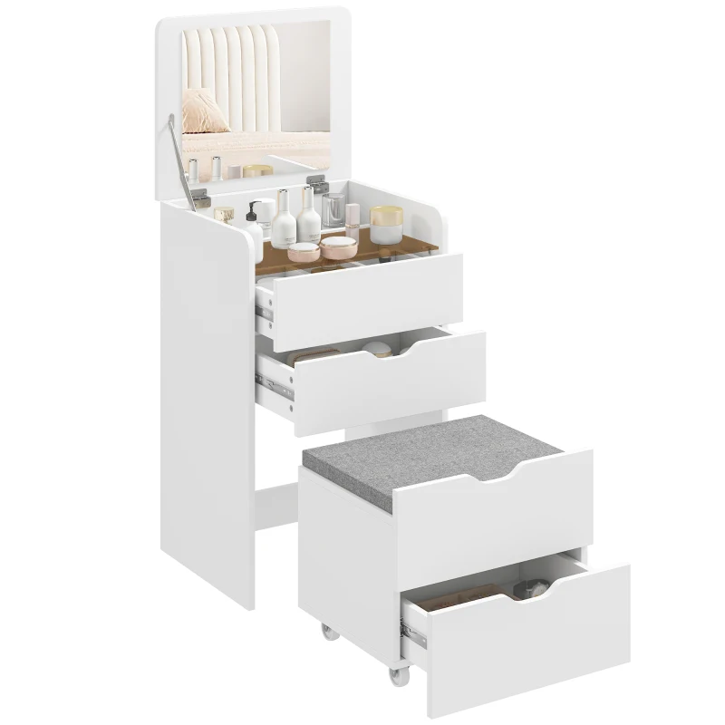 HOMCOM Coiffeuse 3 en 1 avec miroir rabattable et tabouret, avec tiroirs, blanc