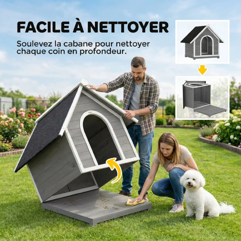 PawHut Niche pour Chien Extérieur Maison pour Chien Corps Entièrement Ouvrant pour Nettoyage Facile 84x101x86 cm Gris et Blanc
