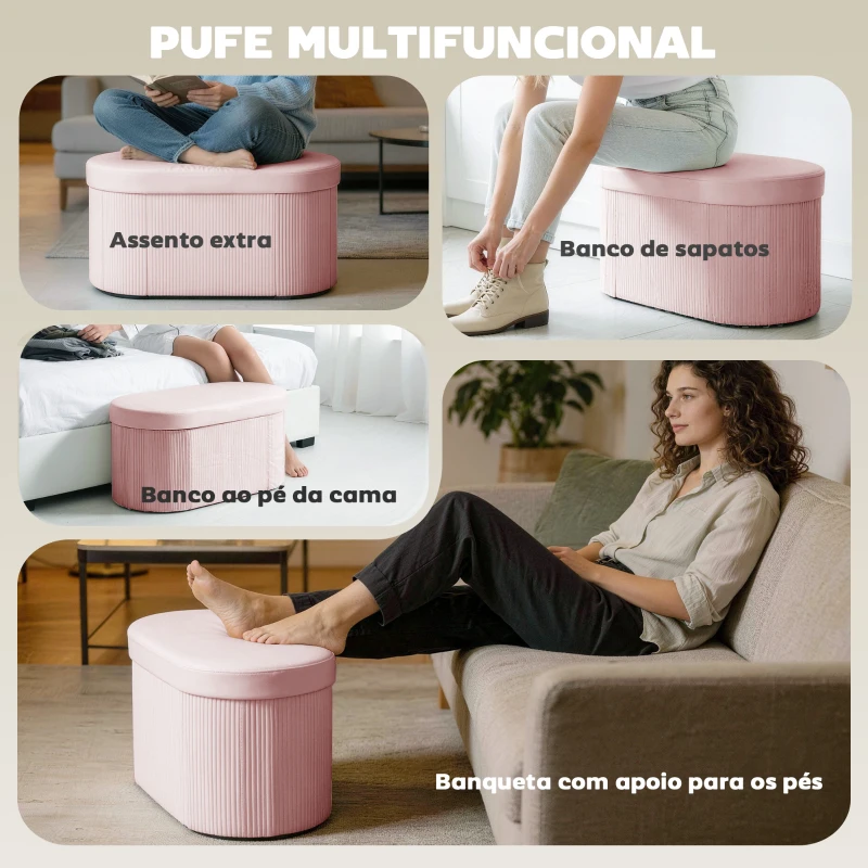 HOMCOM Puff de Arrumação Banco de Arrumação Dobrável 72 L 76x38x35 cm Estofado em Veludo Baú de Armazenamento Rosa