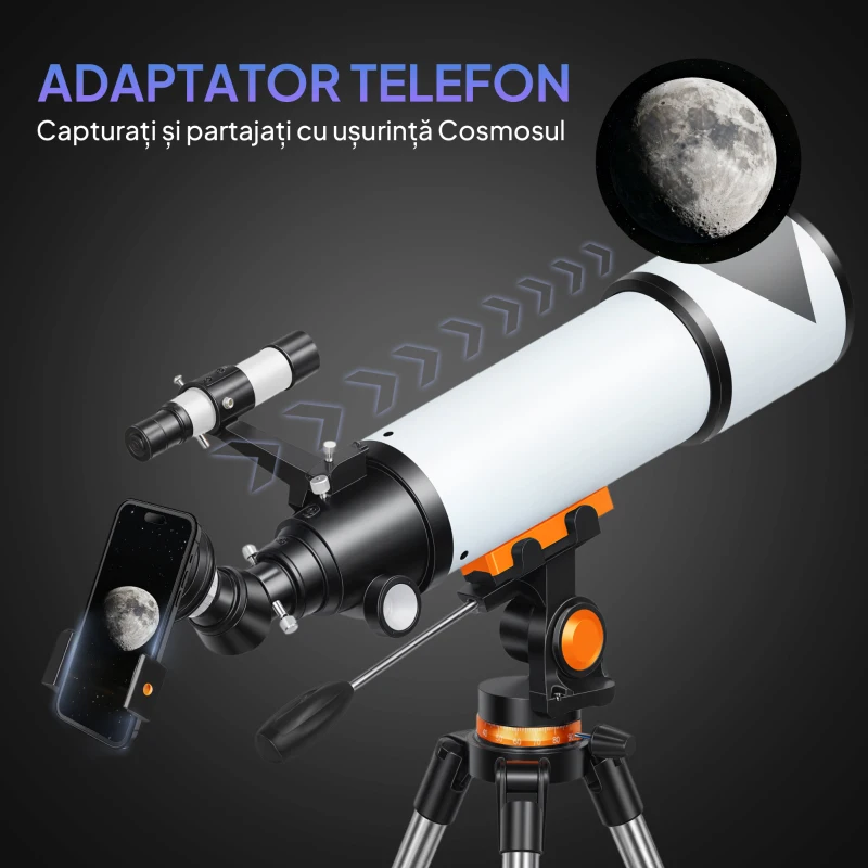 Outsunny Telescop Astronomic 80mm cu Montură AZ, 2 Lentile Oculare și Adaptor pentru Smartphone, 92x92x130 cm, Alb și Negru