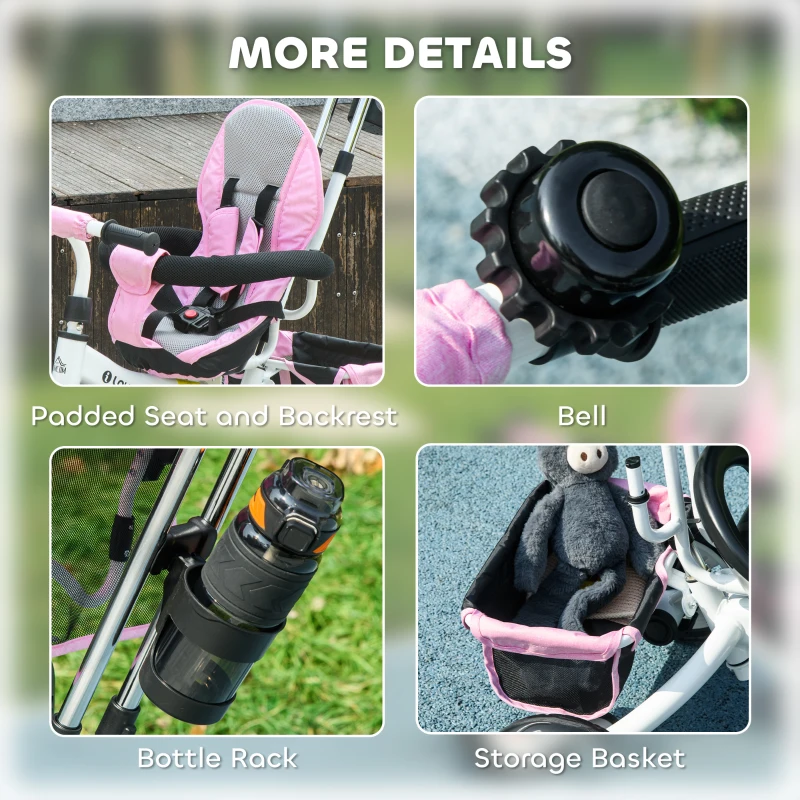 HOMCOM 6-in-1 Kinderrdriewieler met Duwstang, Zonnedak, Gordel, Mandje, voor 1-5 Jaar, Roze