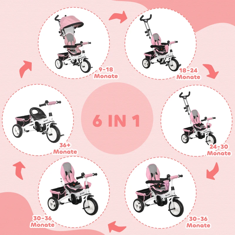 HOMCOM 6-in-1 Kinderrdriewieler met Duwstang, Zonnedak, Gordel, Mandje, voor 1-5 Jaar, Roze