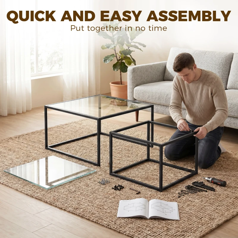 HOMCOM Lot de 2 tables basses gigognes, table de salon avec plateau en verre trempé et structure en métal, noir