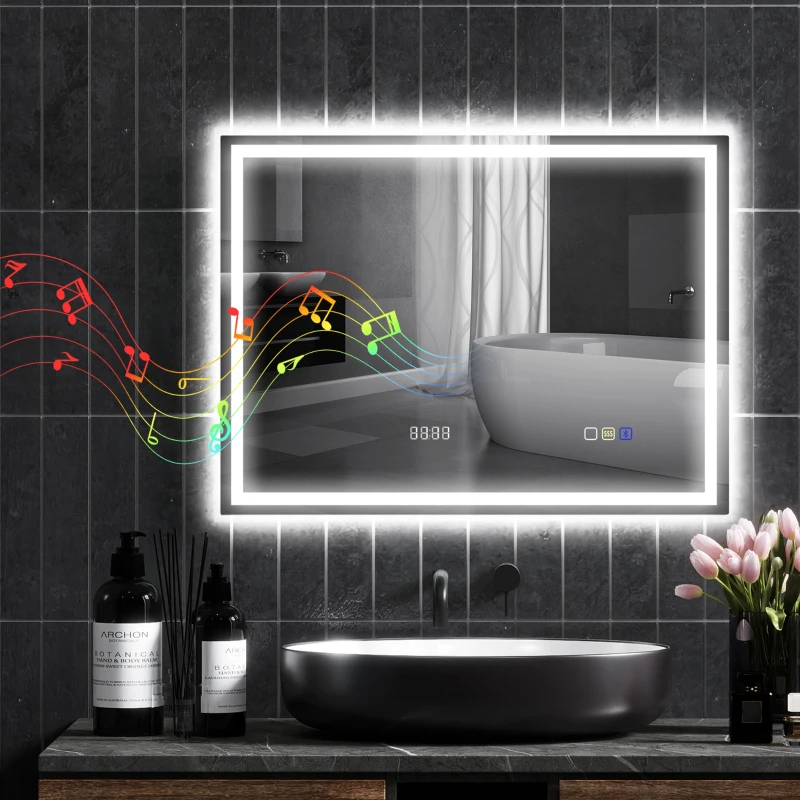 HOMCOM Badezimmerspiegel mit LED-Beleuchtung, Anti-Beschlags-Pad, 3 verstellbare Farben, Uhr, 600 x 800 mm, Silberfarben