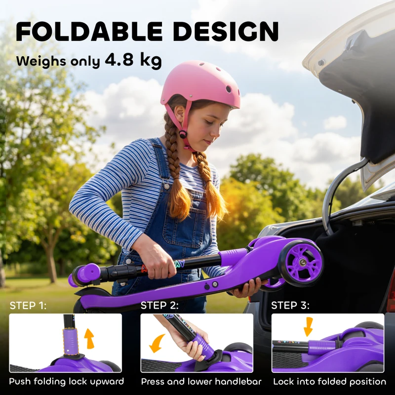 AIYAPLAY Trottinette électrique pour enfants 6+ ans, pliable 3 roues démarrage zéro, vitesse maximale 8 km/h 64x29x83cm violet