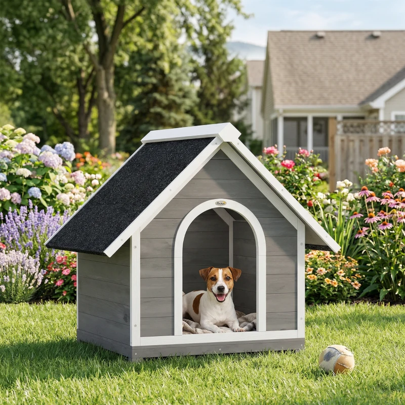 PawHut Niche pour Chien Extérieur Maison pour Chien Corps Entièrement Ouvrant pour Nettoyage Facile 84x101x86 cm Gris et Blanc