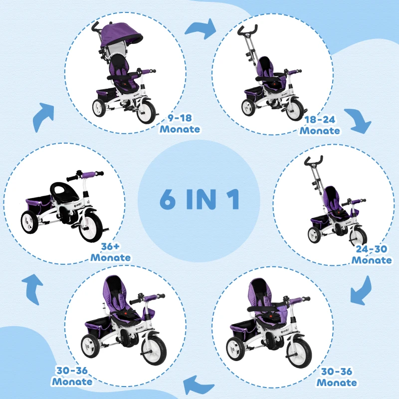 HOMCOM 6-in-1 Kinderdriewieler met Duwstang, Zonnedak, Gordel, Opbergmand, voor 1-5 Jaar, Paars