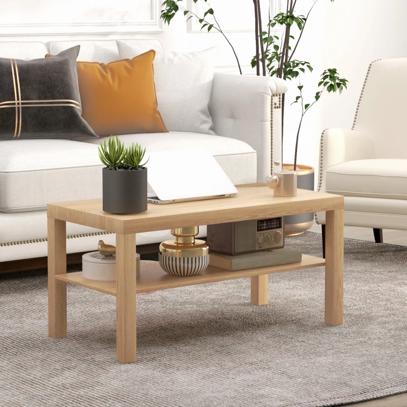 HOMCOM Table basse de salon, table d'appoint rectangulaire à 2 niveaux avec étagère de rangement, 90x45x44,5cm, bois naturel